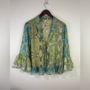 Cato Paisley Blouse with Ruffle Sleeves  sim sheer - Green and Blue